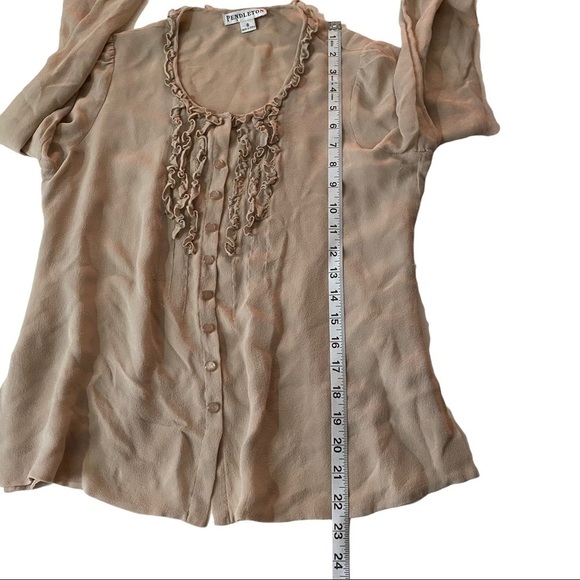 Pendleton Khaki Semi-Sheer 100% Silk Ruffled Neck Button Front LS Blouse Women 8 - Picture 8 of 10